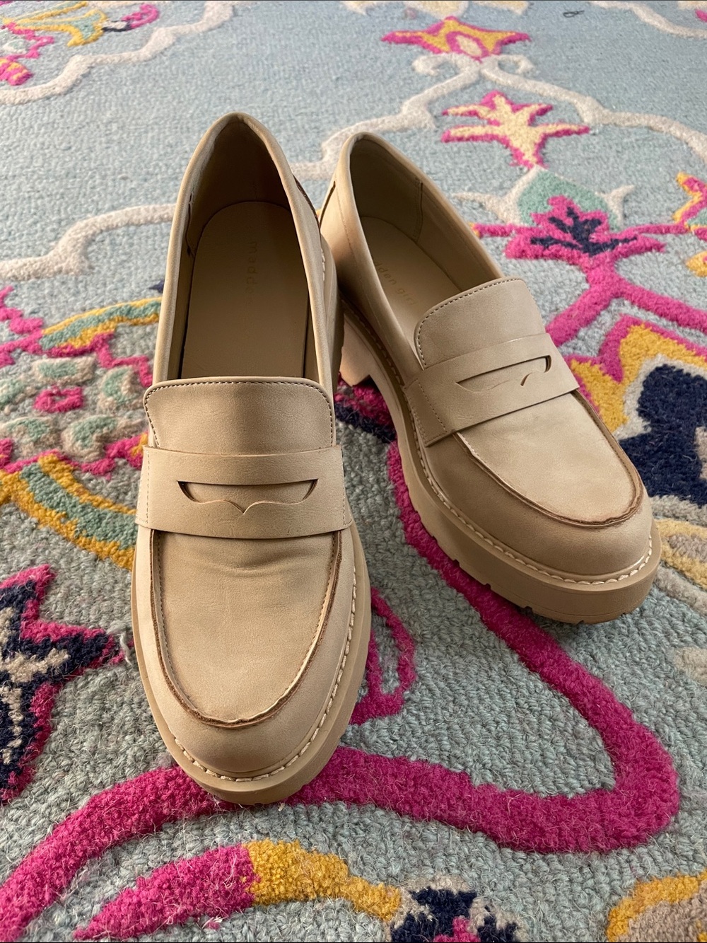Madden Girl Heather Platform Lug Sole PU Penny Loafers in Bone